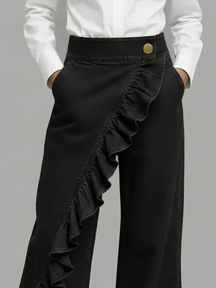 Shelly  | Women's Asymmetrical Ruffle Wide Leg Jeans