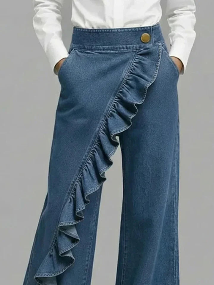Shelly  | Women's Asymmetrical Ruffle Wide Leg Jeans