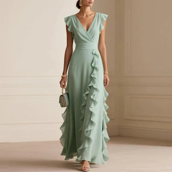 Sherry | Women’s V Neck Flutter Sleeve Ruffle Maxi Dress