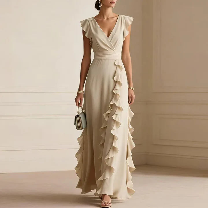 Sherry | Women’s V Neck Flutter Sleeve Ruffle Maxi Dress