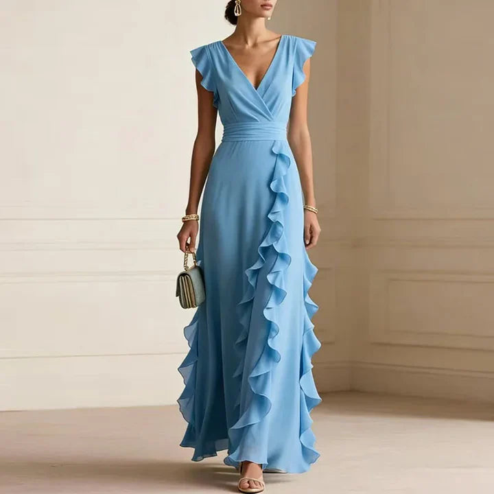 Sherry | Women’s V Neck Flutter Sleeve Ruffle Maxi Dress