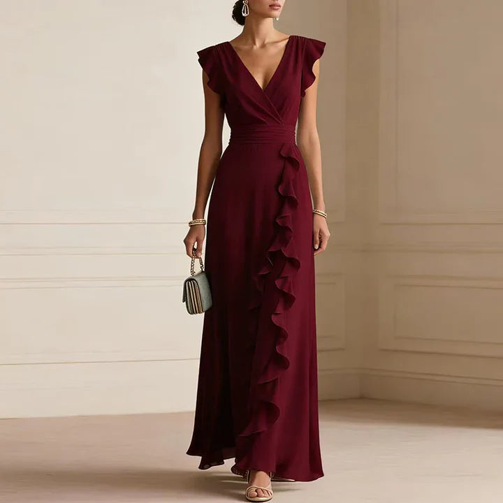 Sherry | Women’s V Neck Flutter Sleeve Ruffle Maxi Dress
