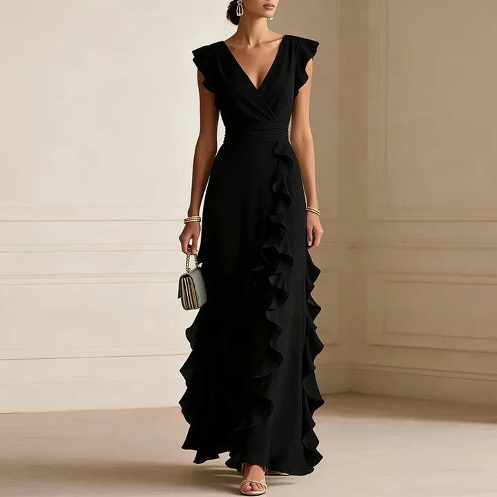 Sherry | Women’s V Neck Flutter Sleeve Ruffle Maxi Dress