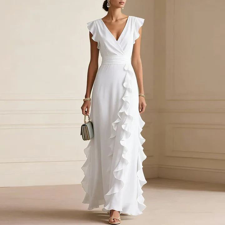 Sherry | Women’s V Neck Flutter Sleeve Ruffle Maxi Dress