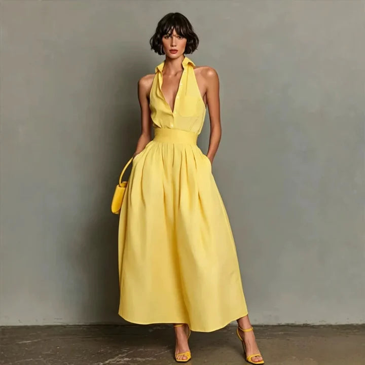 Shirley | Women’s Pocket Halter Neck Collared Flowy Midi Dress