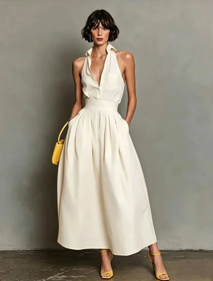 Shirley | Women’s Pocket Halter Neck Collared Flowy Midi Dress