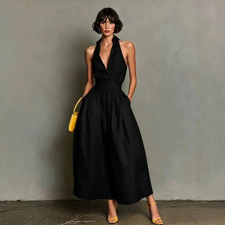 Shirley | Women’s Pocket Halter Neck Collared Flowy Midi Dress