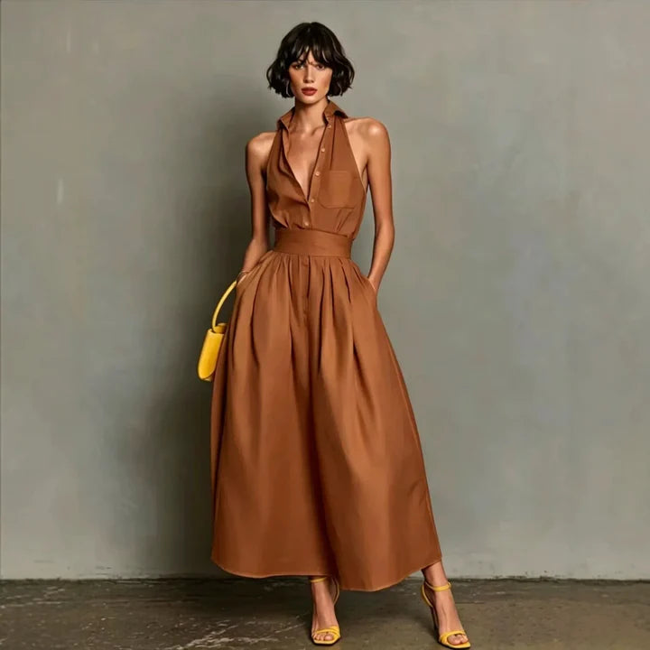 Shirley | Women’s Pocket Halter Neck Collared Flowy Midi Dress