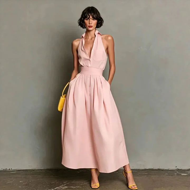 Shirley | Women’s Pocket Halter Neck Collared Flowy Midi Dress