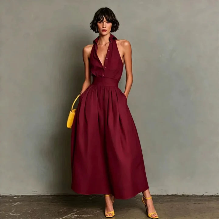Shirley | Women’s Pocket Halter Neck Collared Flowy Midi Dress