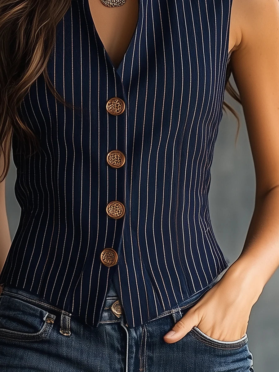 Stephanie | Women’s Stripe Print Sleeveless Button Front Top