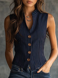 Stephanie | Women’s Stripe Print Sleeveless Button Front Top