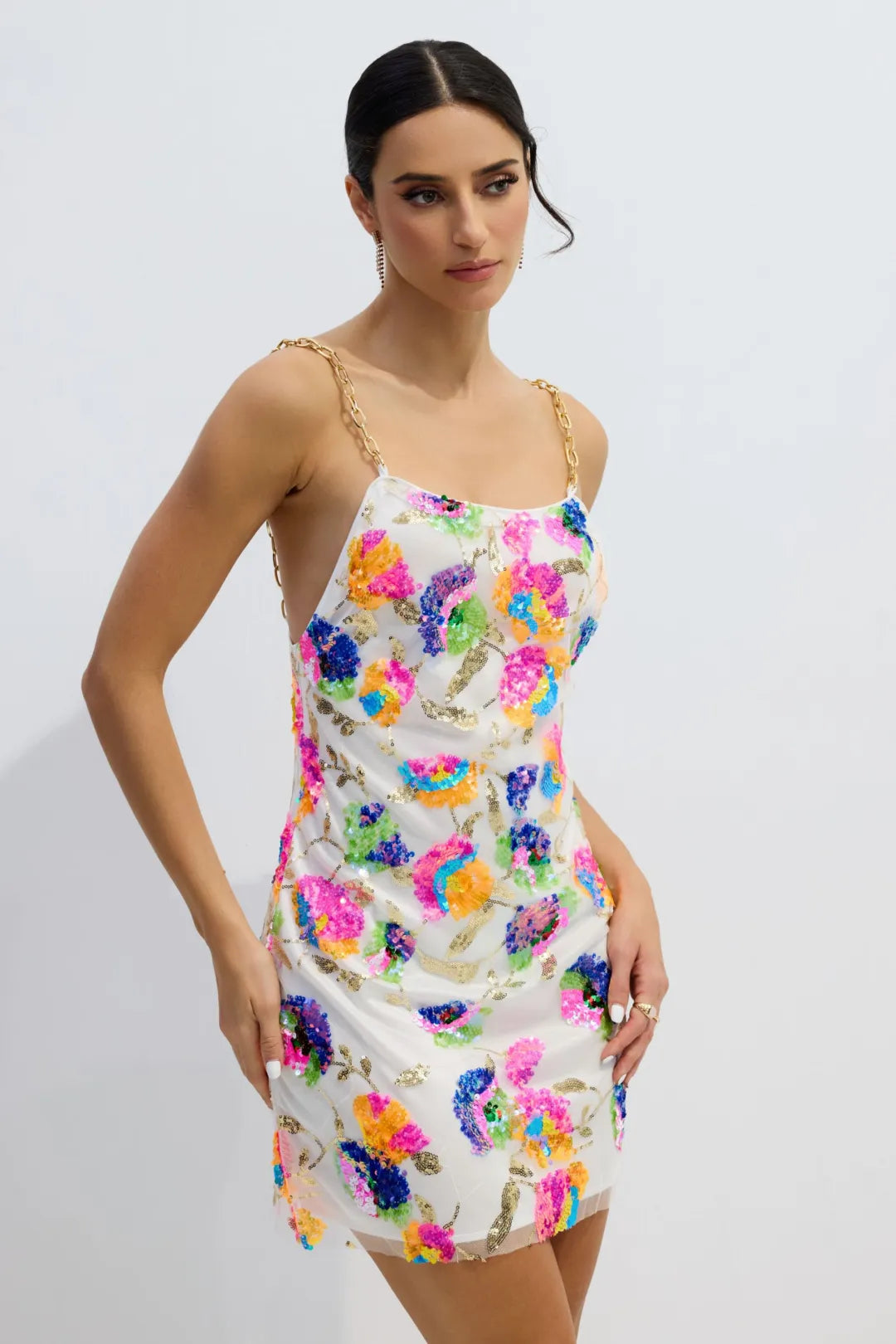 Sunny | Women’s Floral Sequin Backless Chain Strap Mini Dress