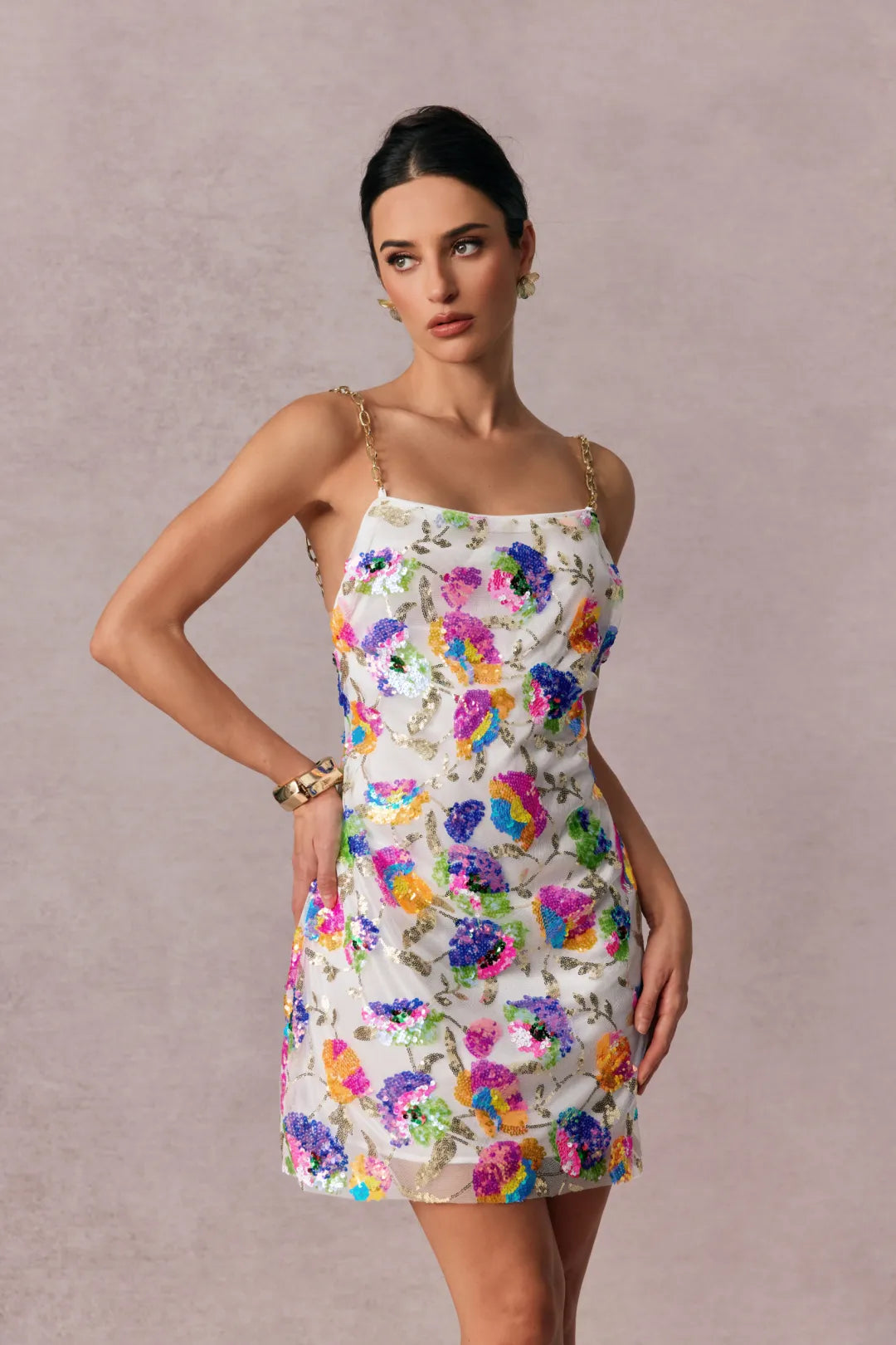 Sunny | Women’s Floral Sequin Backless Chain Strap Mini Dress