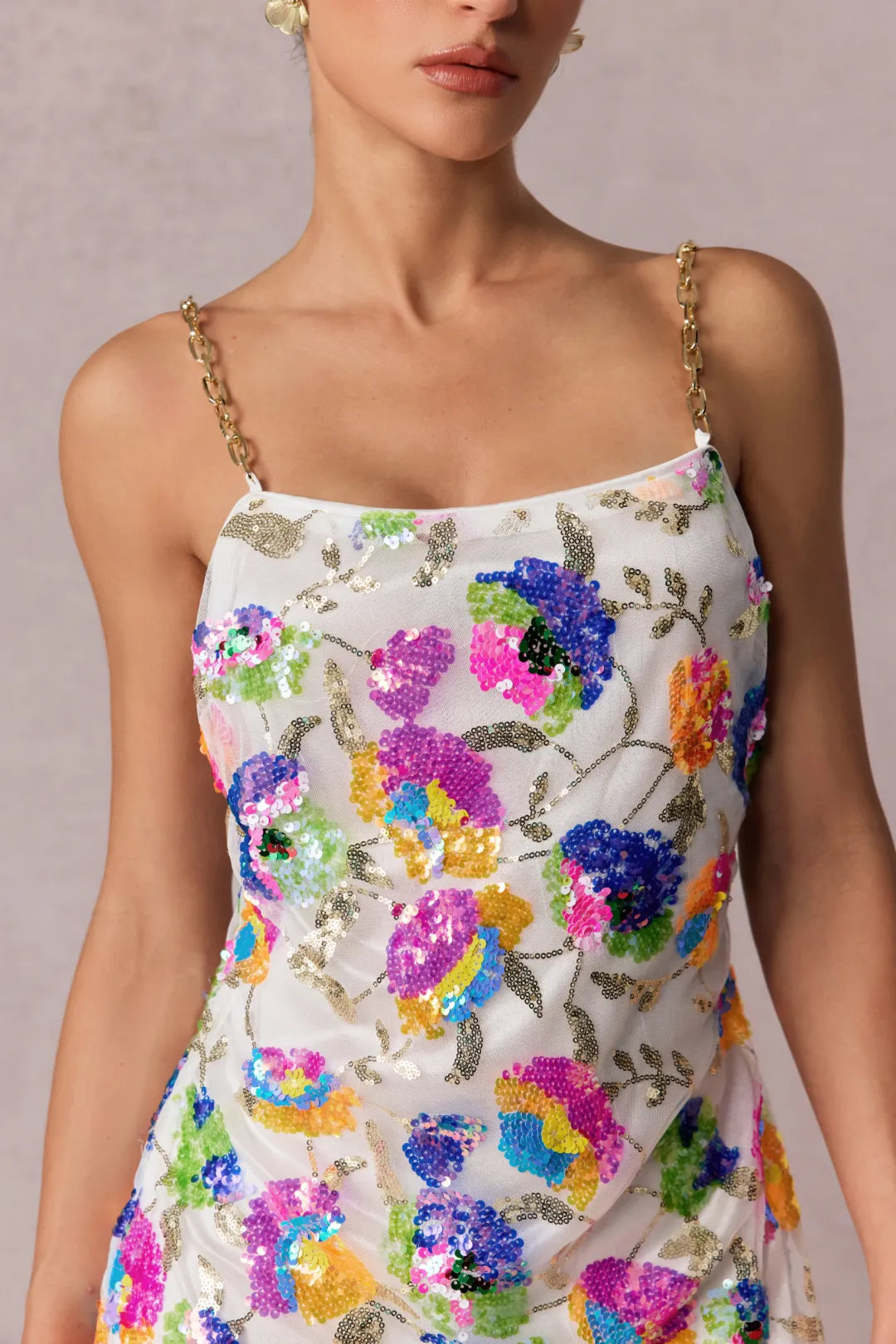 Sunny | Women’s Floral Sequin Backless Chain Strap Mini Dress