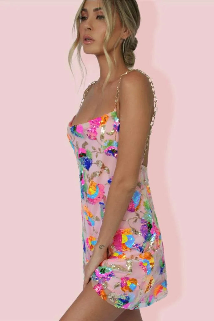 Sunny | Women’s Floral Sequin Backless Chain Strap Mini Dress