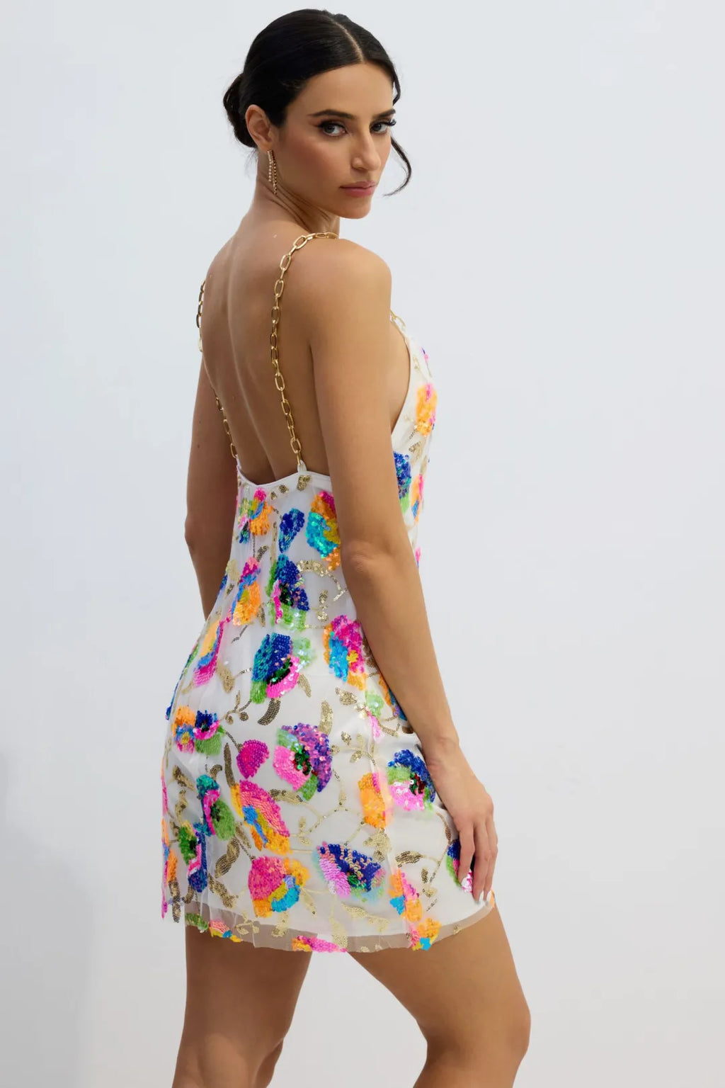 Sunny | Women’s Floral Sequin Backless Chain Strap Mini Dress