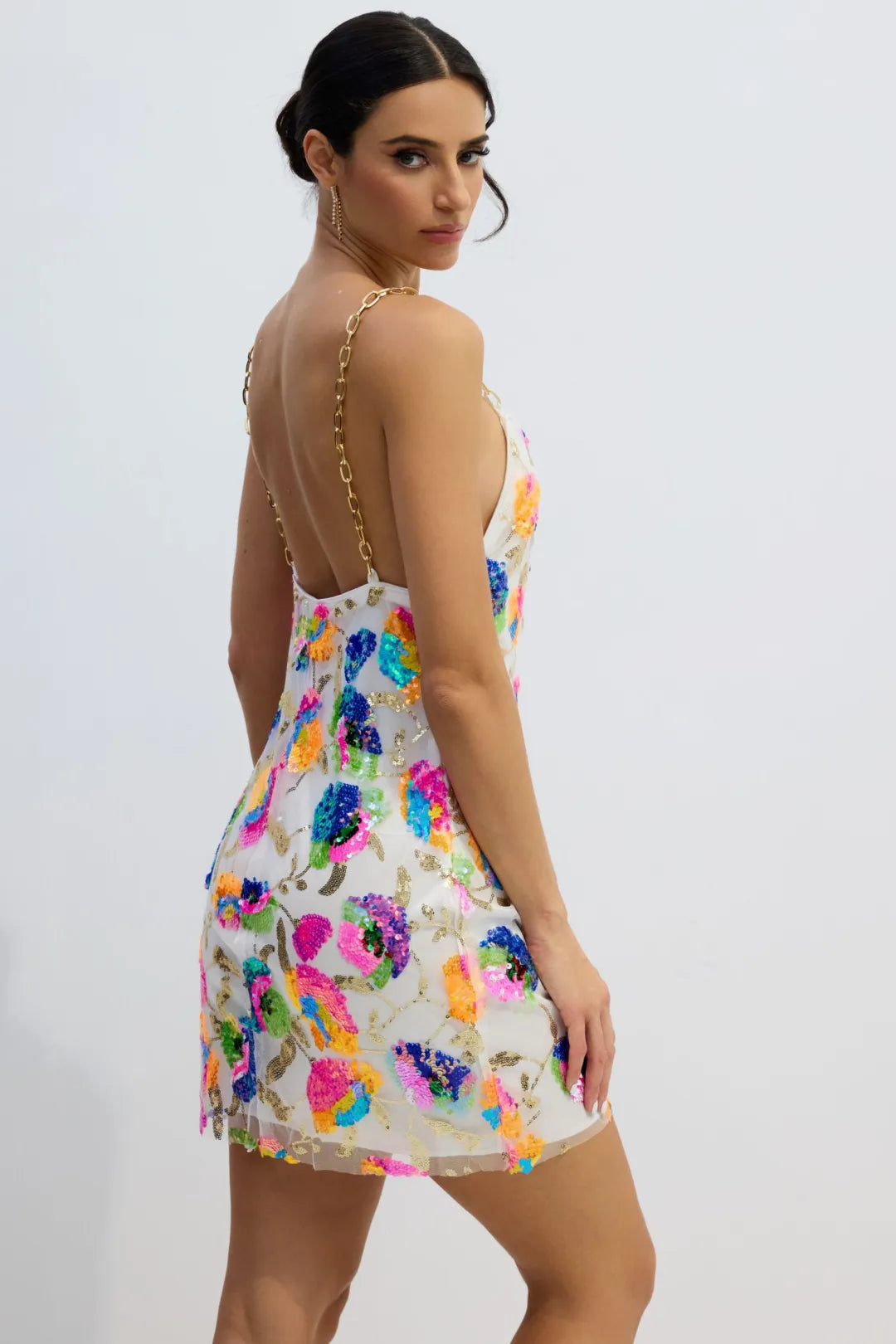 Sunny | Women’s Floral Sequin Backless Chain Strap Mini Dress