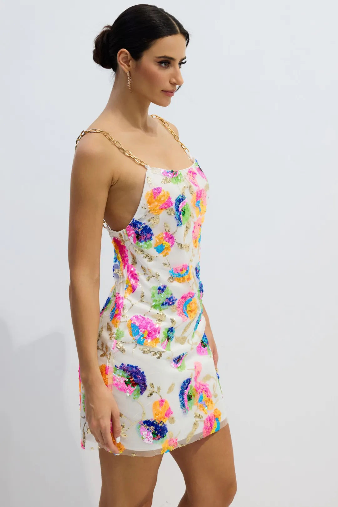 Sunny | Women’s Floral Sequin Backless Chain Strap Mini Dress