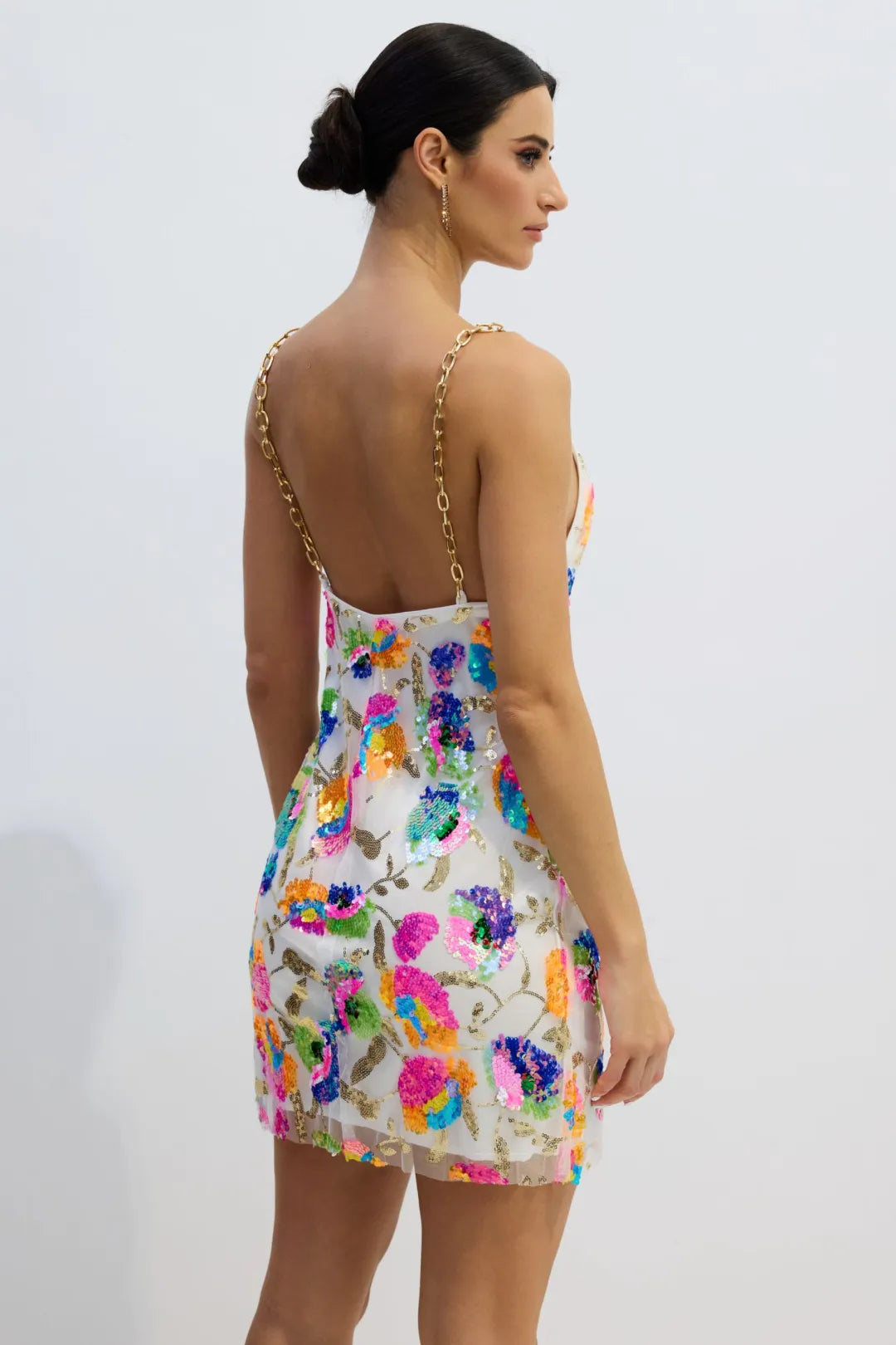 Sunny | Women’s Floral Sequin Backless Chain Strap Mini Dress