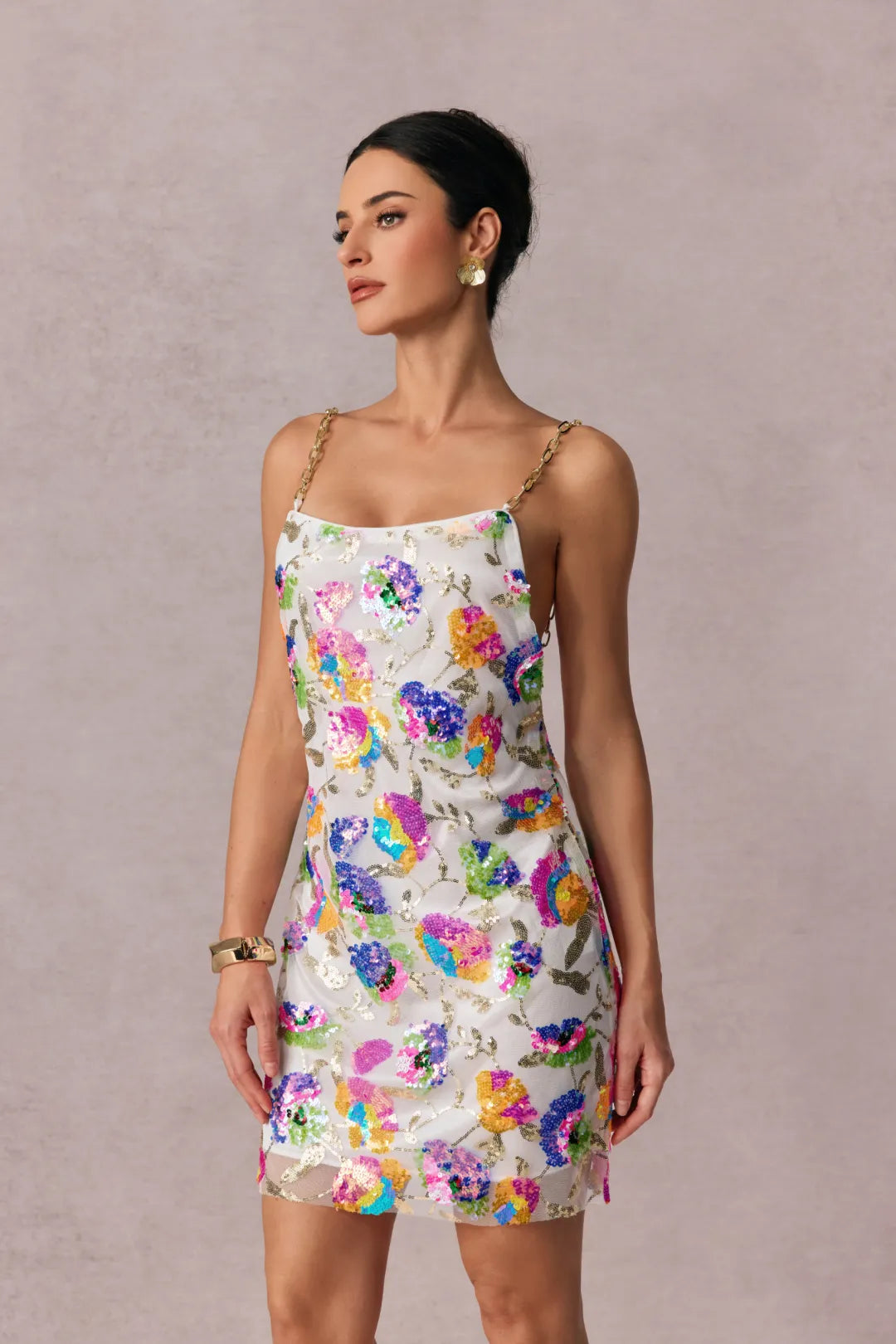 Sunny | Women’s Floral Sequin Backless Chain Strap Mini Dress