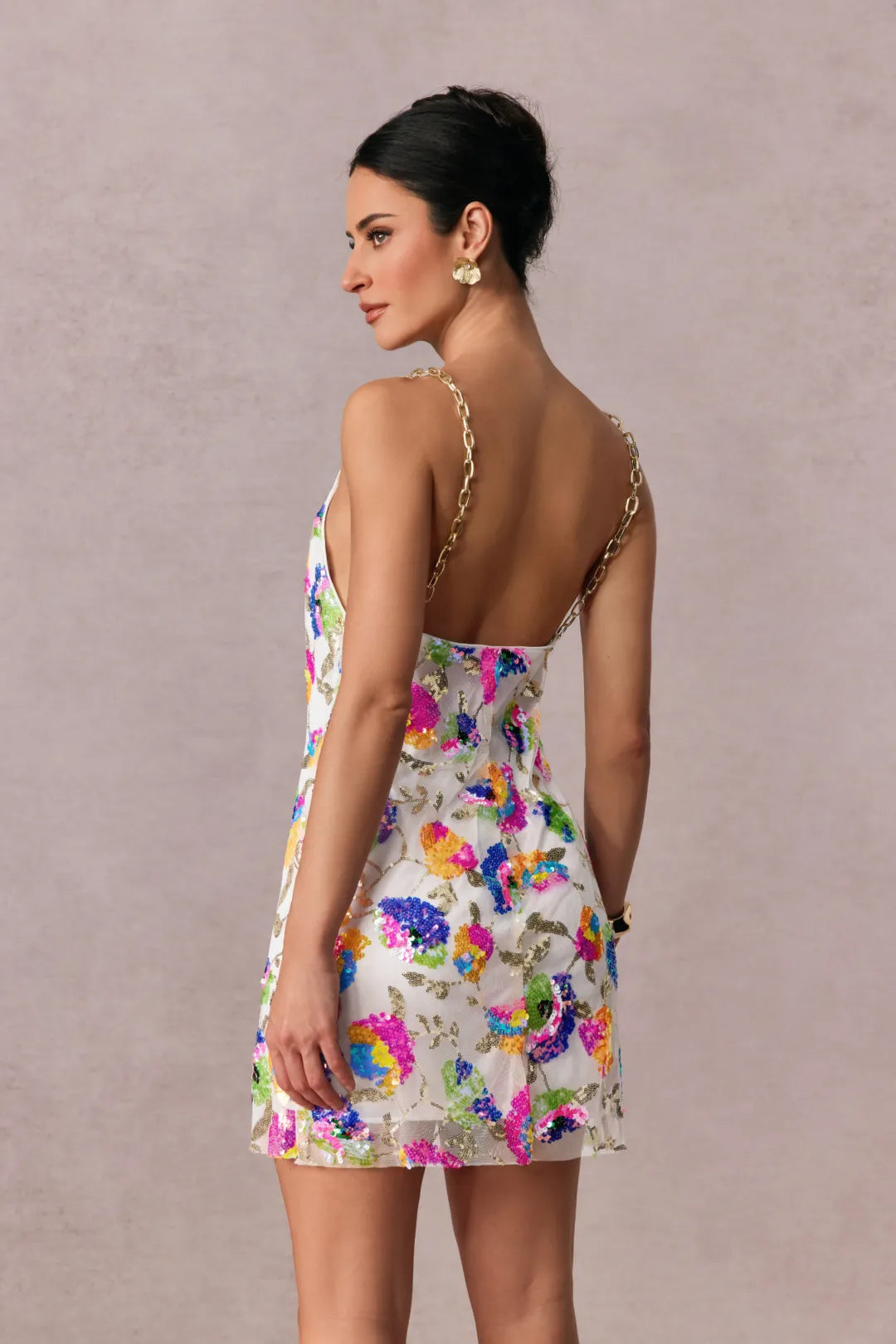Sunny | Women’s Floral Sequin Backless Chain Strap Mini Dress