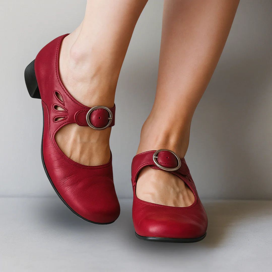 Susannah | Women’s Cut Out Block Heel Buckle Strap Shoes