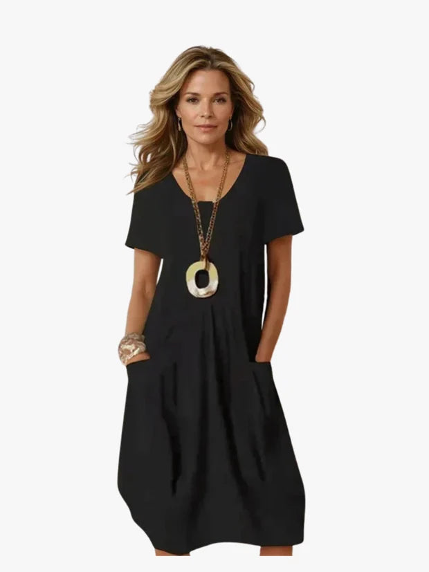 Tara | Women’s Scoop Neck Short Sleeve Pocket Knee Length Dress