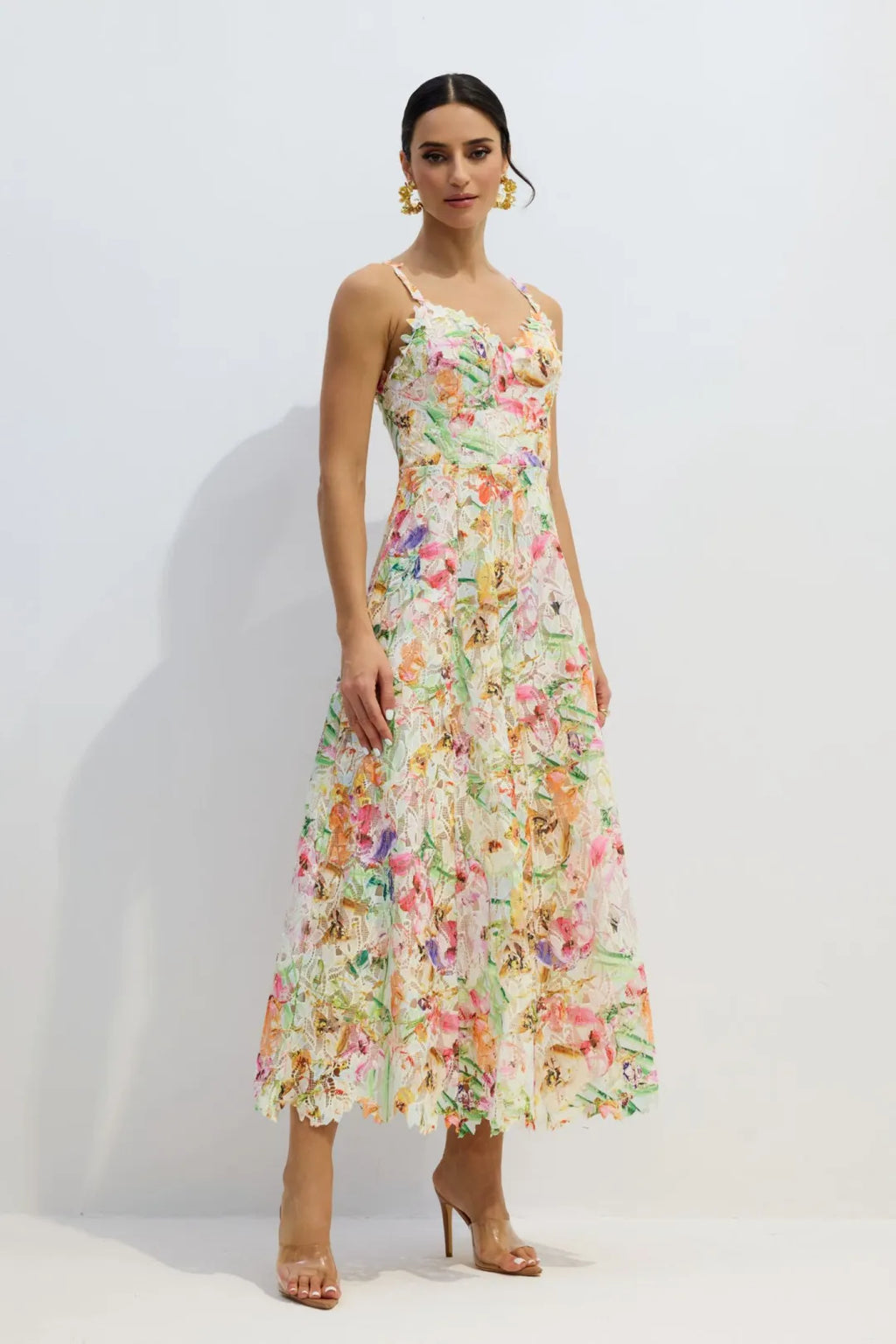 Tatum | Women’s Sweetheart Neck Floral Strappy Flowy Midi Dress