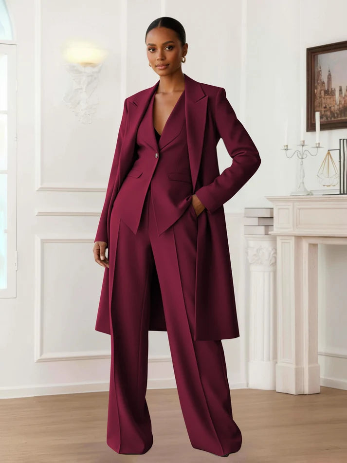 Tina | Women’s Peak Lapel Button Front Long Sleeve Three Piece Set