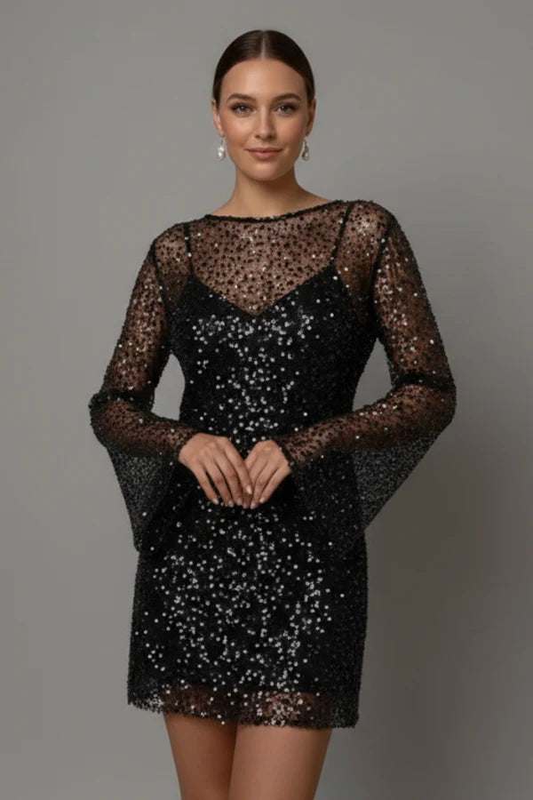 Tonia | Women’s Mesh Long Sleeve Glitter Grad Party Mini Dress