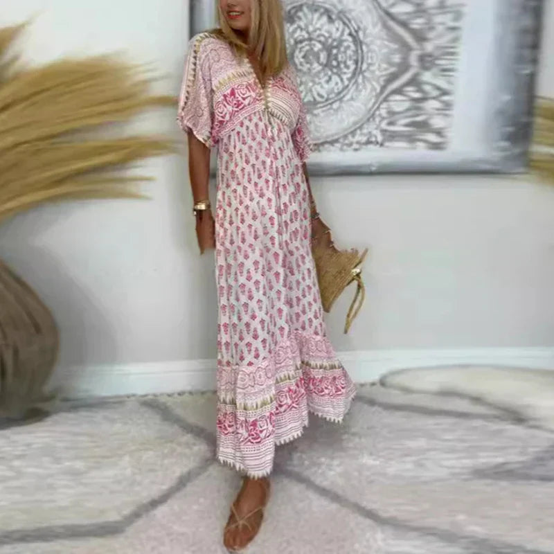 Vanessa | Women's Printed V Neck Summer Flowy Maxi Dress