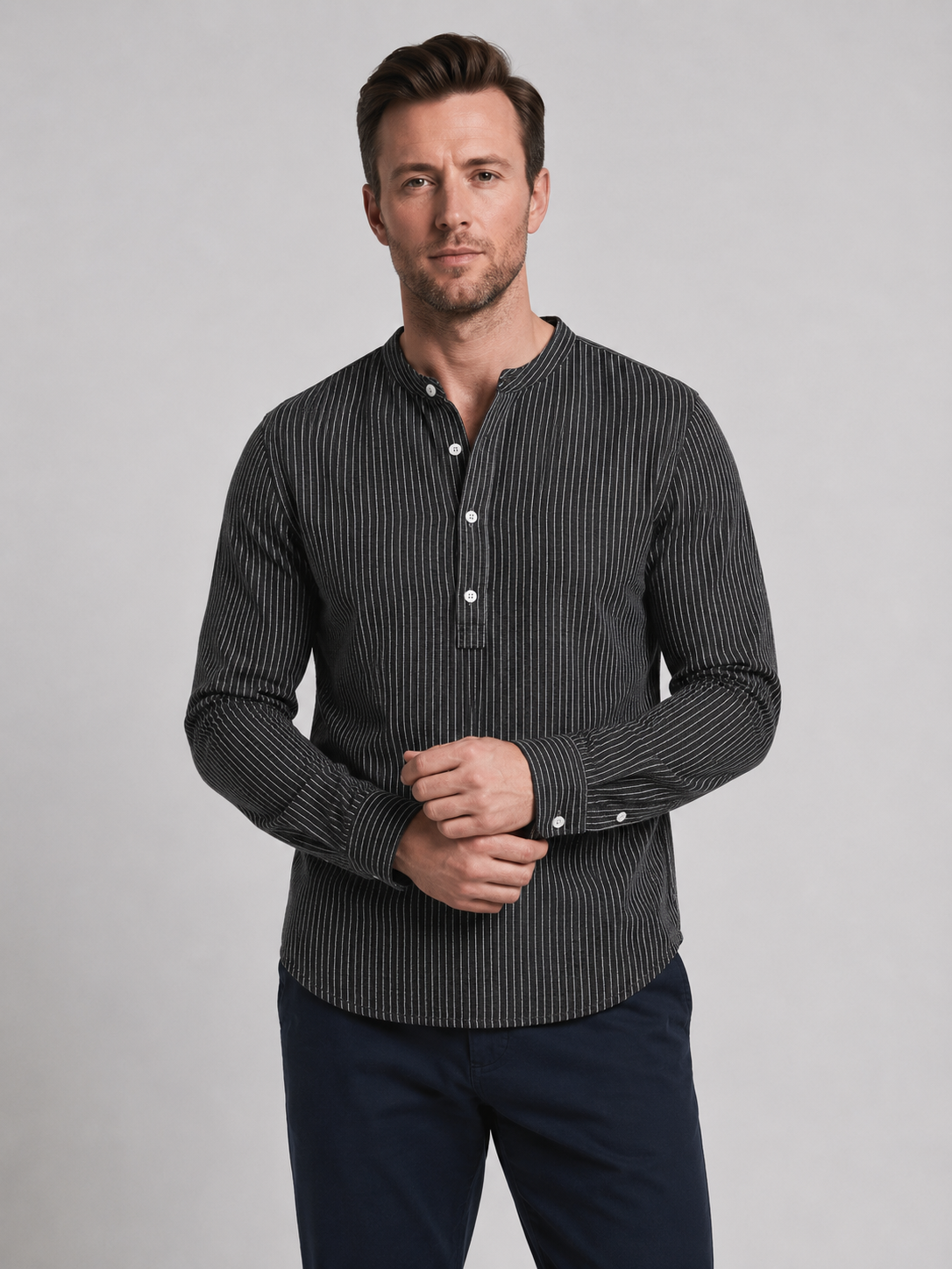 Vincent | Men's Striped Long Sleeve Stand Collar Dress Shirt