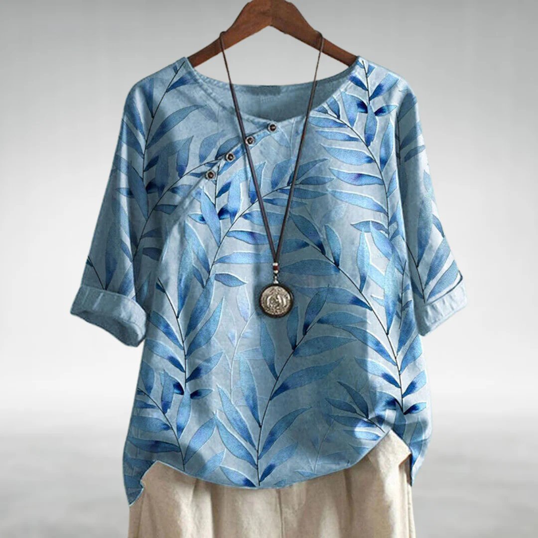 Viviana | Women's Leaf Print Asymmetric Button Summer Blouse