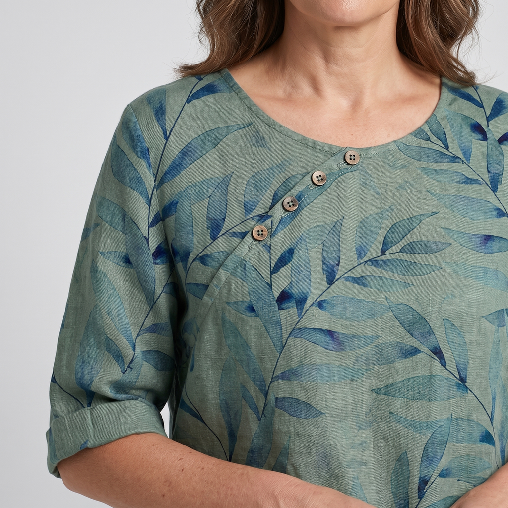 Viviana | Women's Leaf Print Asymmetric Button Summer Blouse