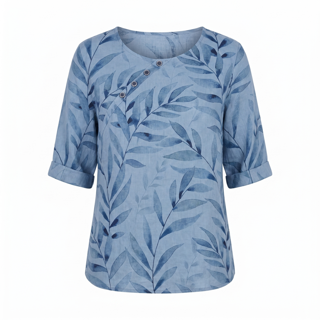 Viviana | Women's Leaf Print Asymmetric Button Summer Blouse