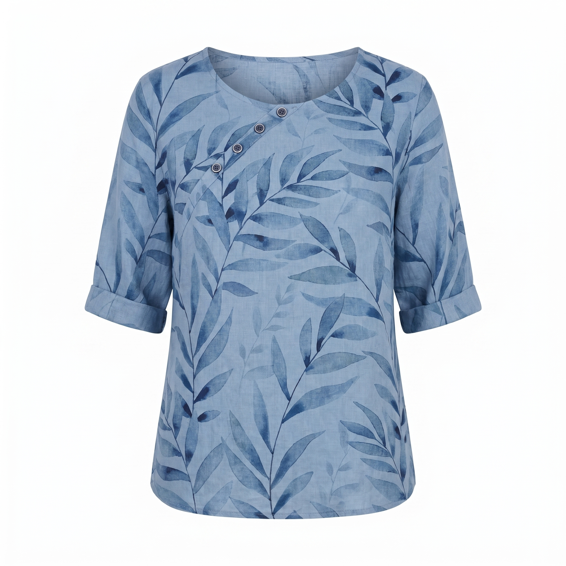 Viviana | Women's Leaf Print Asymmetric Button Summer Blouse