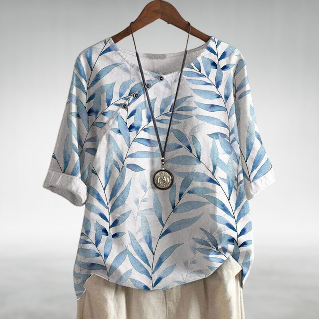 Viviana | Women's Leaf Print Asymmetric Button Summer Blouse