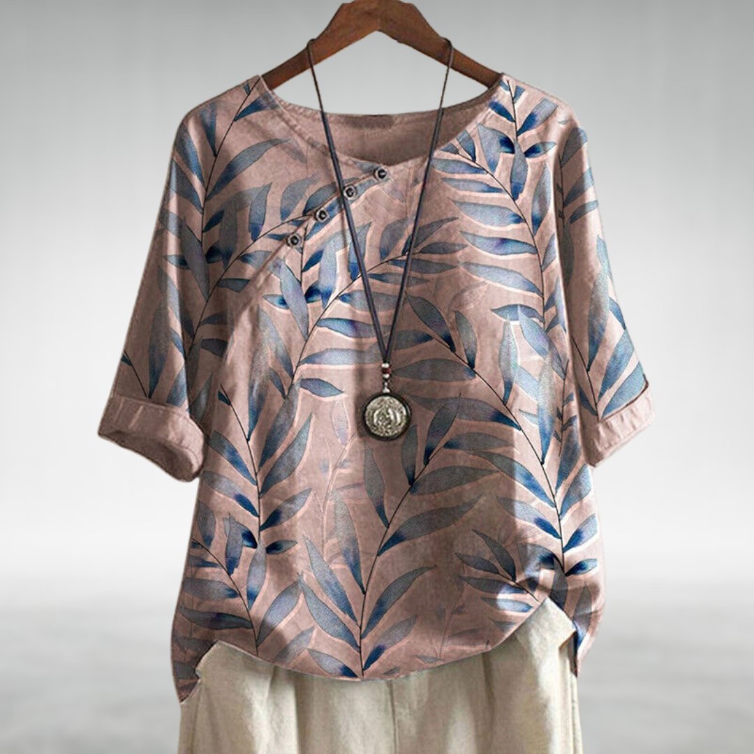 Viviana | Women's Leaf Print Asymmetric Button Summer Blouse