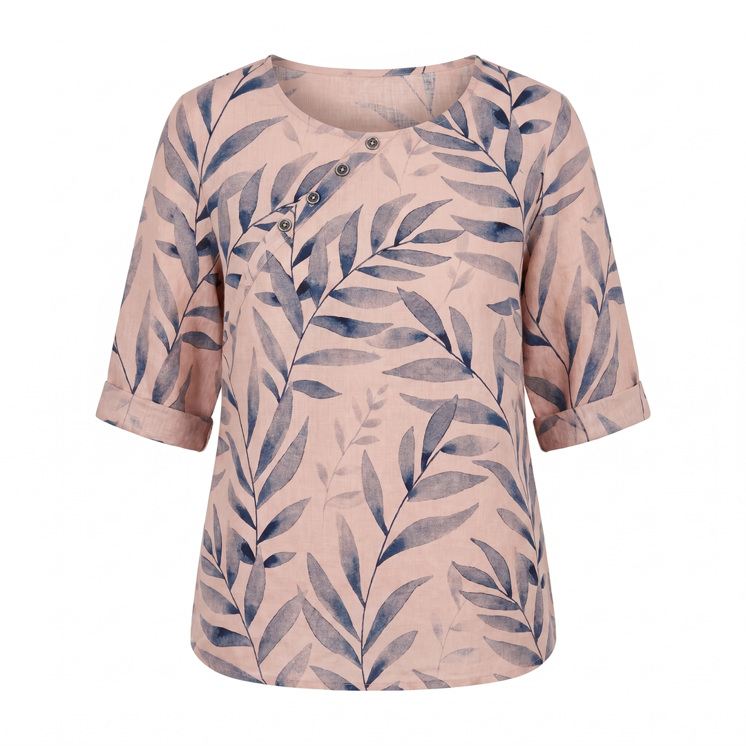 Viviana | Women's Leaf Print Asymmetric Button Summer Blouse