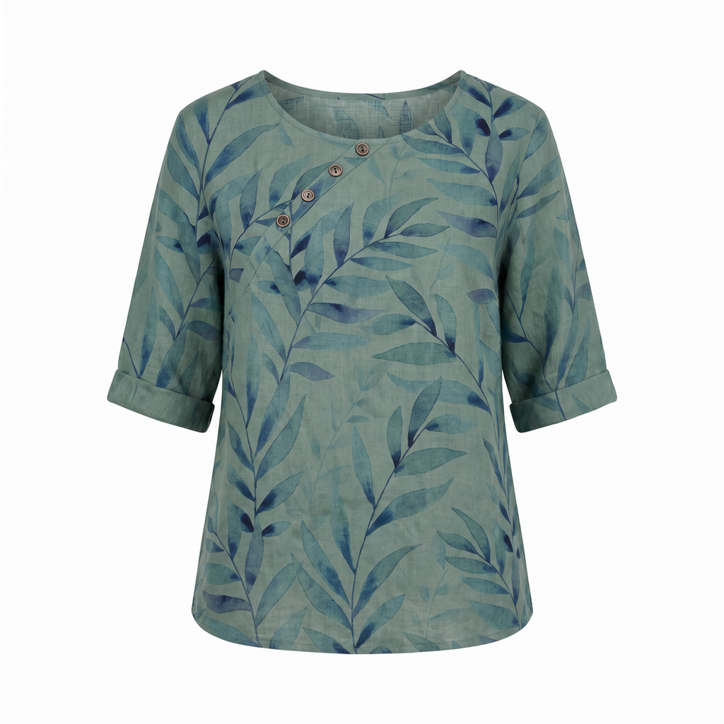 Viviana | Women's Leaf Print Asymmetric Button Summer Blouse