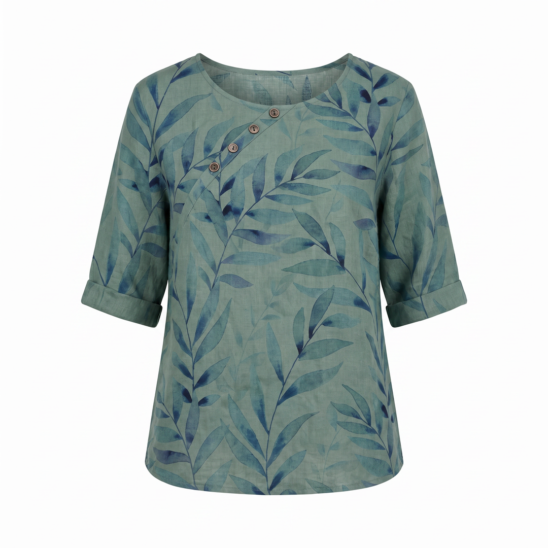 Viviana | Women's Leaf Print Asymmetric Button Summer Blouse