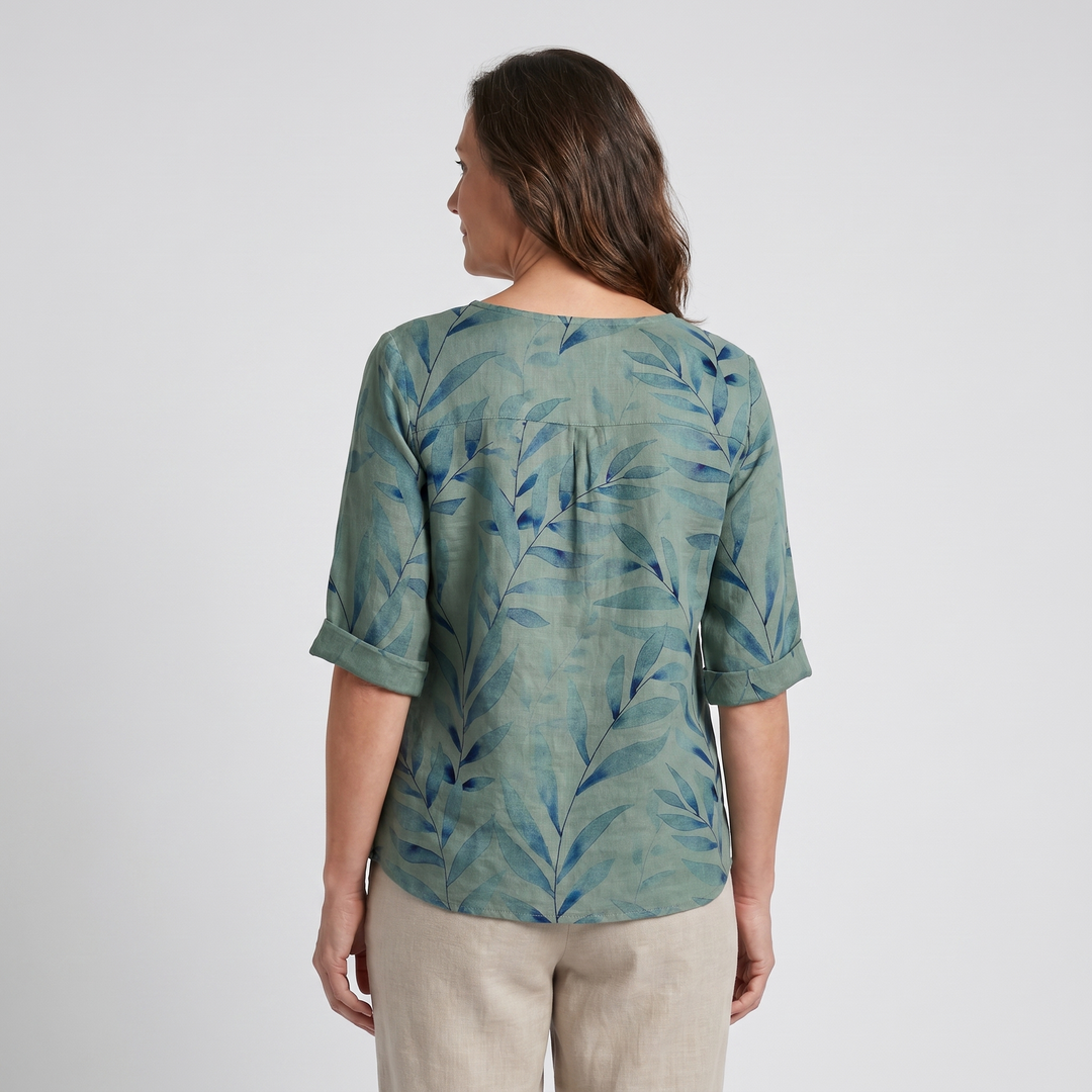Viviana | Women's Leaf Print Asymmetric Button Summer Blouse