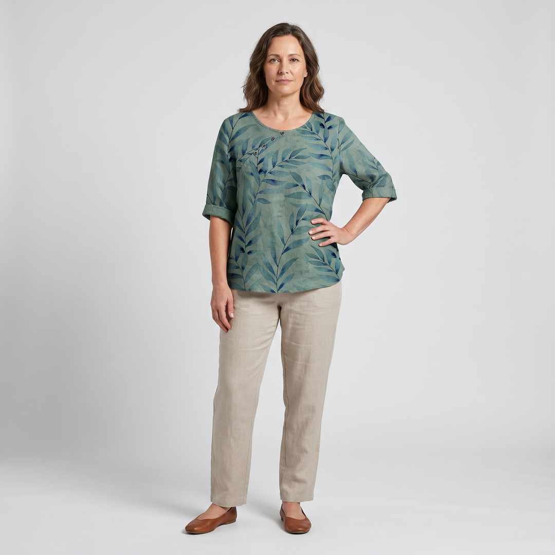 Viviana | Women's Leaf Print Asymmetric Button Summer Blouse