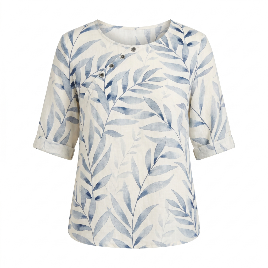 Viviana | Women's Leaf Print Asymmetric Button Summer Blouse