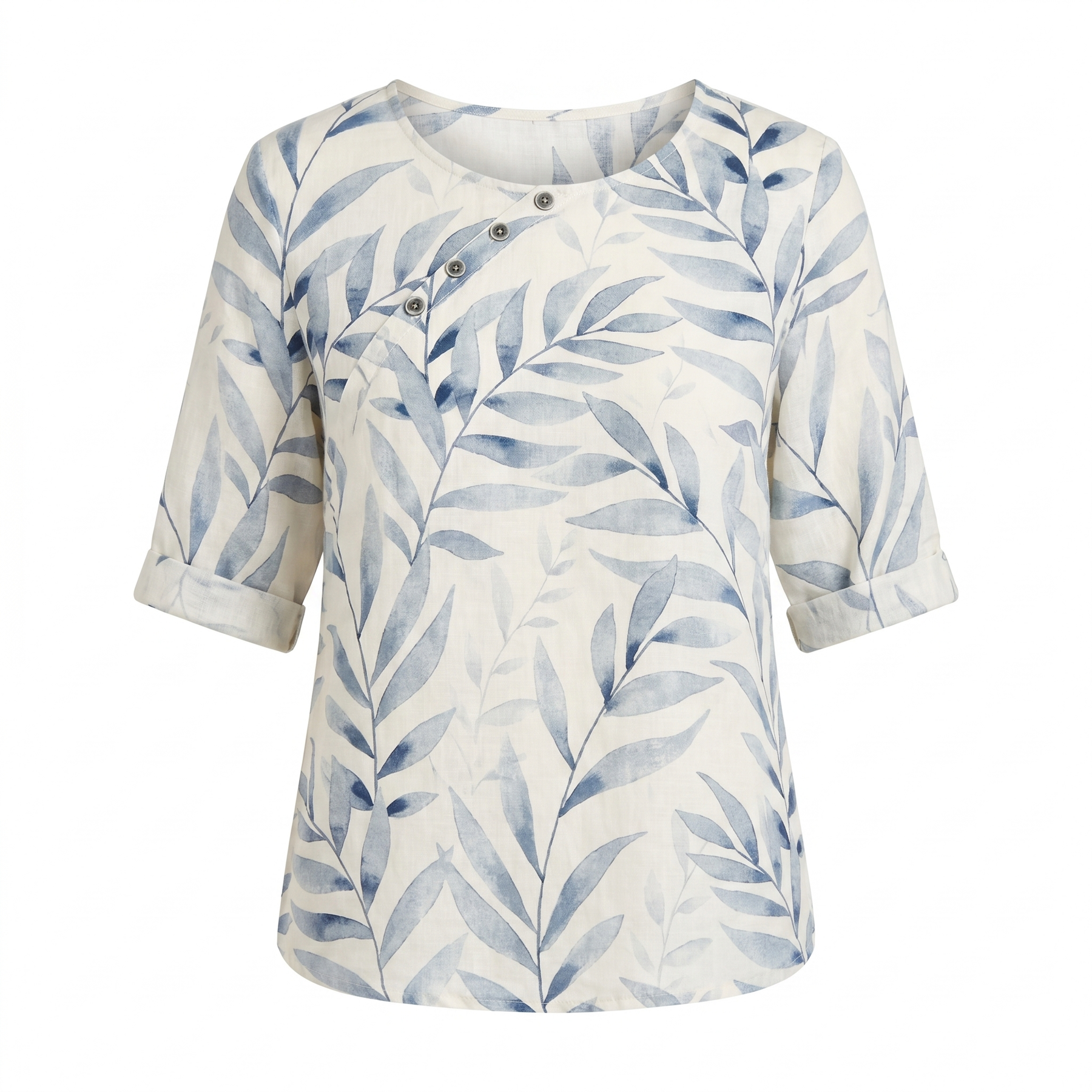 Viviana | Women's Leaf Print Asymmetric Button Summer Blouse