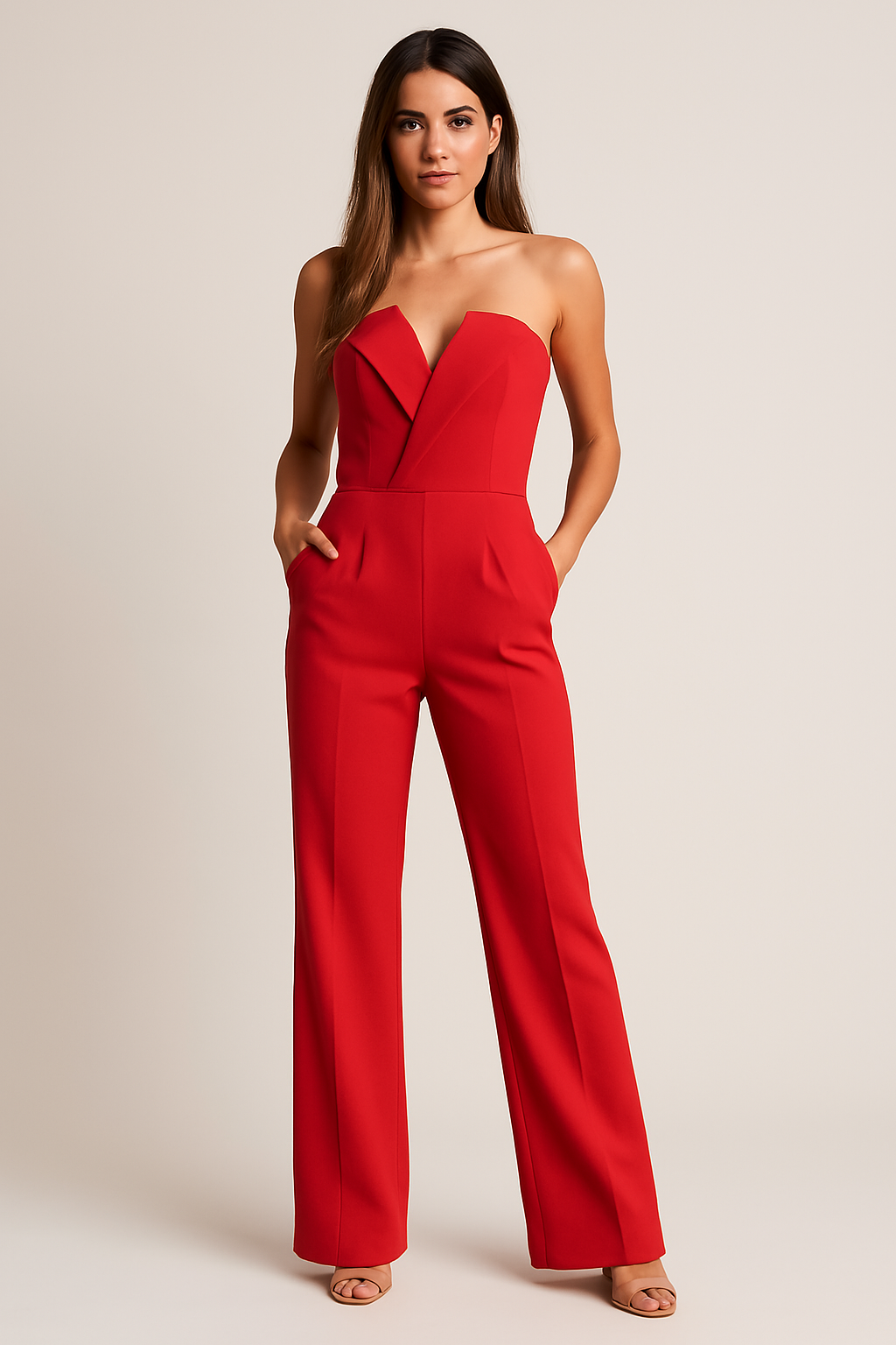 Vivienne | Women's Strapless Wide Leg V Neck Jumpsuit
