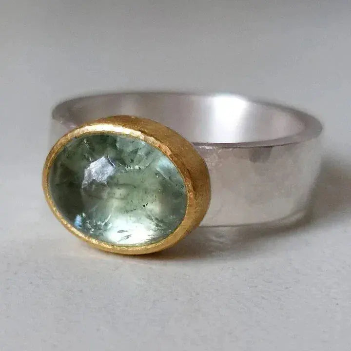 Women's Aquamarine Solitaire Ring with Wide Band