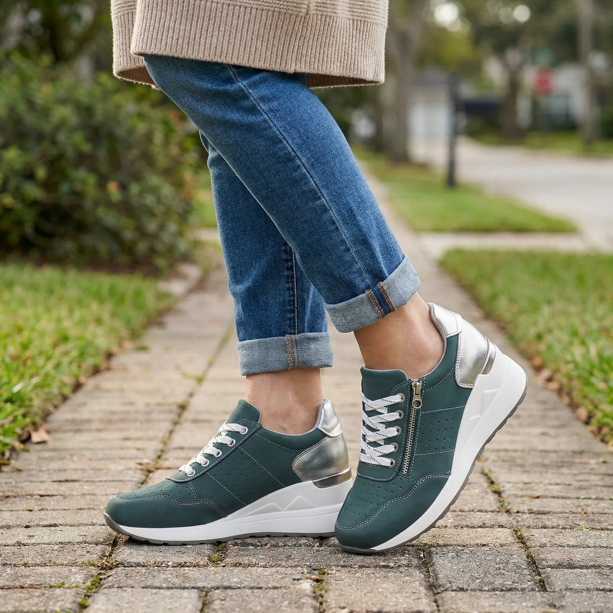 Women's Arch Support Faux Suede Wedge Walking Sneakers with Side Zip