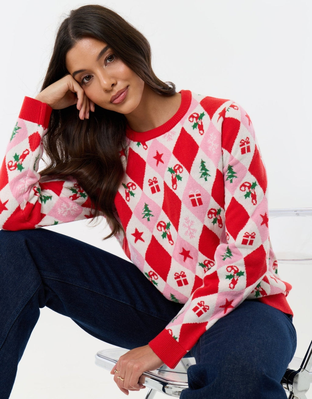 Women's Argyle Christmas Sweater Crew Neck in Pink